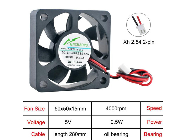 The compact 50x50x15mm 2-pin axial cooling fan ACP5015 is suitable for power supplies, chargers, and inverters, and is compatible with DC 5V...