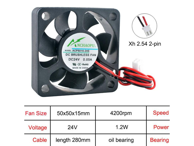 The compact 50x50x15mm 2-pin axial cooling fan ACP5015 is suitable for power supplies, chargers, and inverters, and is compatible with DC24V...