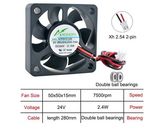 The compact 50x50x15mm 2-pin axial cooling fan ACP5015 is suitable for power supplies, chargers, and inverters, and is compatible with DC24V...