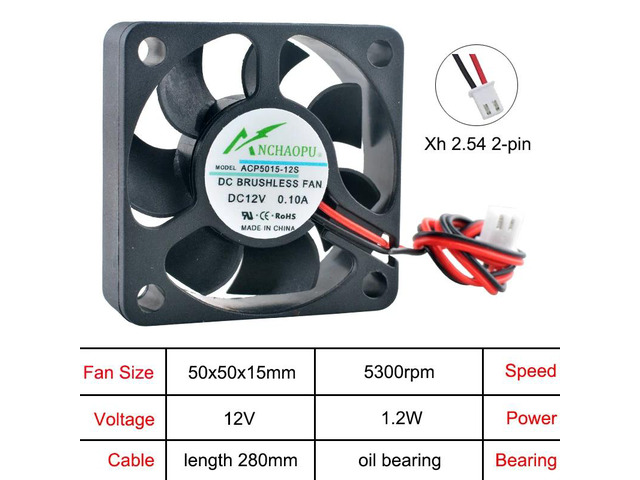 The compact 50x50x15mm 2-pin axial cooling fan ACP5015 is suitable for power supplies, chargers, and inverters, and is compatible with DC 12V...