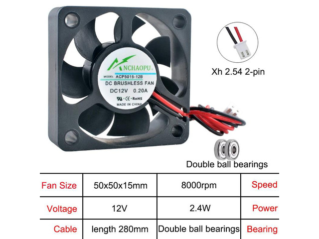 The compact 50x50x15mm 2-pin axial cooling fan ACP5015 is suitable for power supplies, chargers, and inverters, and is compatible with DC 12V...