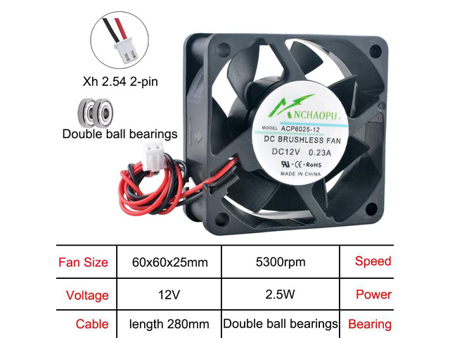 The ACP6025 is a 6cm (60mm) fan, measuring 60x60x25mm, a DC 12V dual-ball, 2-pin axial fan suitable for cooling chargers, power supplies, and...