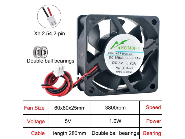 The ACP6025 is a 6cm (60mm) fan, measuring 60x60x25mm, a DC 5V dual-ball, 2-pin axial fan suitable for cooling chargers, power supplies, and...