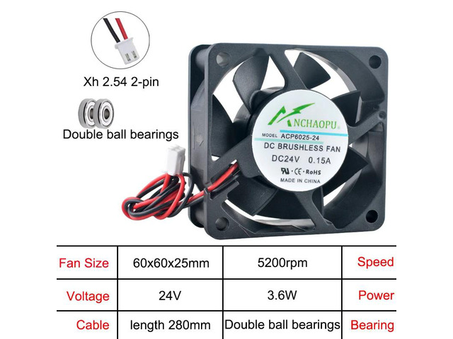 The ACP6025 is a 6cm (60mm) fan, measuring 60x60x25mm, DC 24V dual-ball, 2-pin axial fan suitable for cooling chargers, power supplies, and inverters.