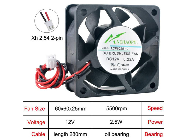 The ACP6025 is a 6cm (60mm) fan, measuring 60x60x25mm, with a DC 12V oil-bearing, 2-pin axial fan, suitable for cooling chargers, power supplies,...