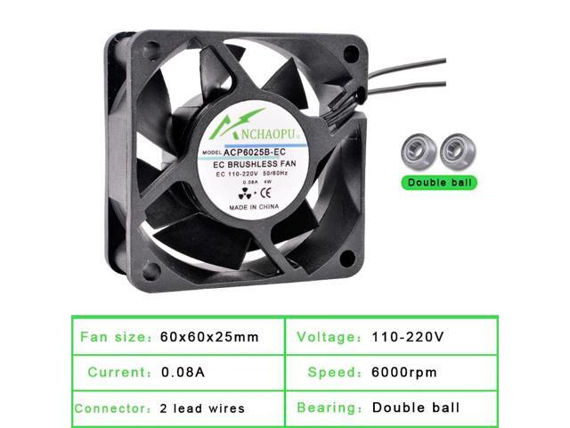 EC brushless cooling fan, AC 110V 120V 220V 240V, ball bearing, 2 rows, 60x60x25mm, suitable for server racks.
