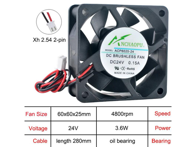 The ACP6025 is a 6cm (60mm) fan, measuring 60x60x25mm, with a DC 24V oil-bearing, 2-pin axial fan, suitable for cooling chargers, power supplies,...