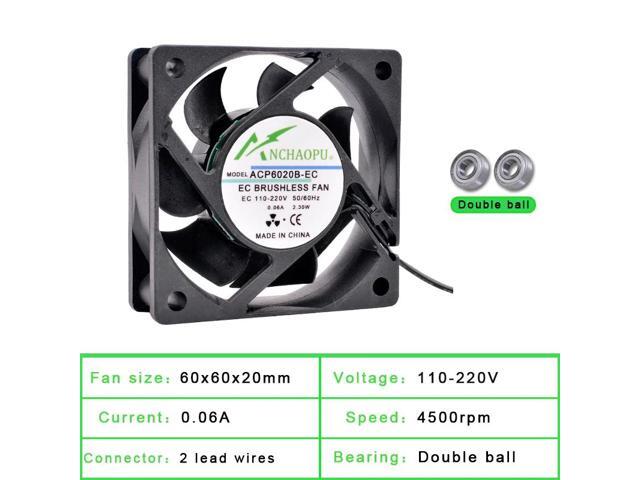 EC brushless cooling fan, AC 110V 120V 220V 240V, ball bearing, 2 rows, 60x60x20mm, suitable for server racks.