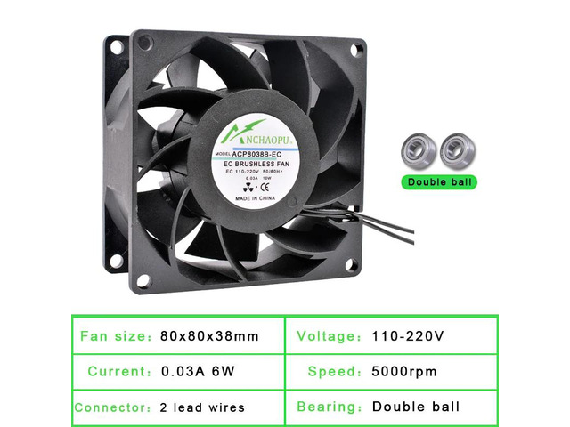 EC brushless cooling fan, AC 110V 120V 220V 240V, ball bearing, 2 rows, 80x80x38mm, suitable for server racks.