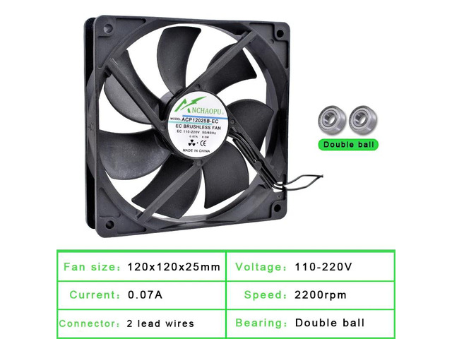 EC brushless cooling fan, AC 110V 120V 220V 240V, ball bearing, 2 rows, 120x120x25mm, suitable for server racks.