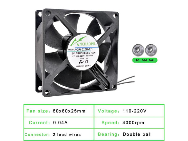 EC brushless cooling fan, AC 110V 120V 220V 240V, ball bearing, 2 rows, 80x80x25mm, suitable for server racks.