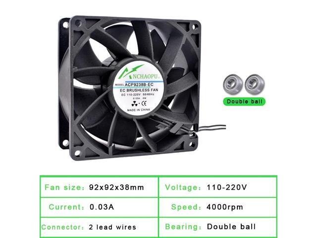 EC brushless cooling fan, AC 110V 120V 220V 240V, ball bearing, 2 rows, 92x92x38mm, suitable for server racks.