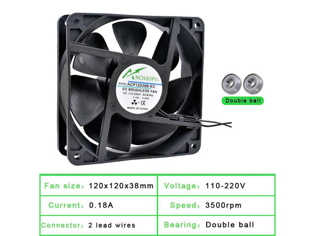 EC brushless cooling fan, AC 110V 120V 220V 240V, ball bearing, 2 rows, 120x120x38mm, suitable for server racks.