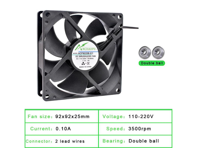EC brushless cooling fan, AC 110V 120V 220V 240V, ball bearing, 2 rows, 92x92x25mm, suitable for server racks.
