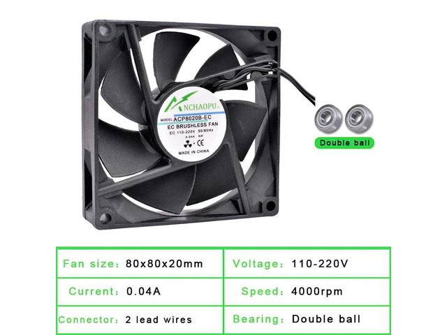 EC brushless cooling fan, AC 110V 120V 220V 240V, ball bearing, 2 rows, 80x80x20mm, suitable for server racks.