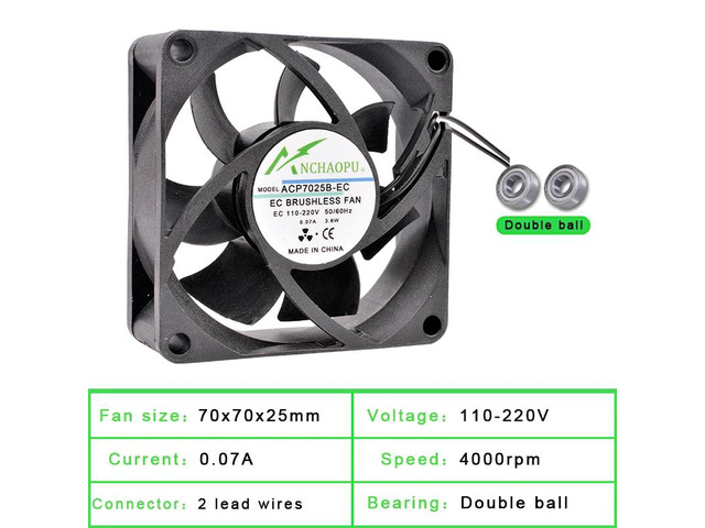 EC brushless cooling fan, AC 110V 120V 220V 240V, ball bearing, 2 rows, 70x70x25mm, suitable for server racks.