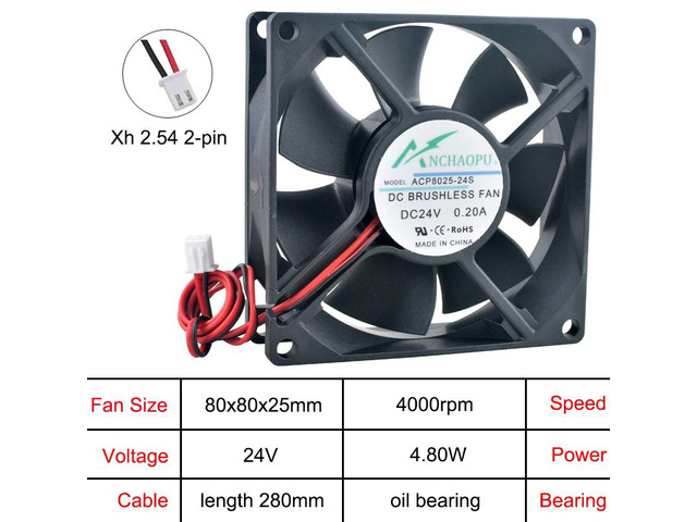 ACP8025 80x80x25mm Axial Cooling Fan, 2-pin DC24V, Oil-bearing, for PC chassis power converters and computer hardware cooling.