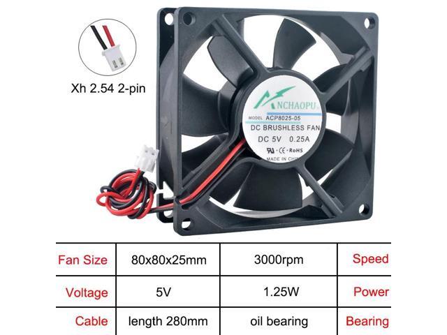 ACP8025 80x80x25mm Axial Cooling Fan, 2-pin DC 5V, Oil-bearing, for PC chassis power converters and computer hardware cooling.