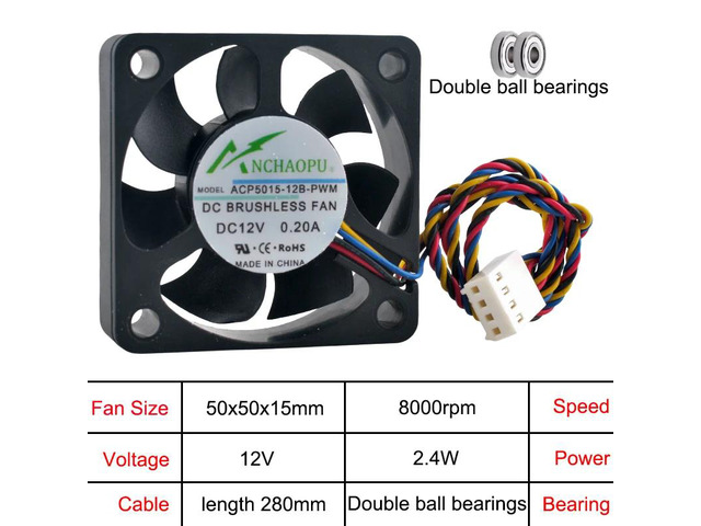 5cm (50mm) Cooling Fan ACP5015-12S-PWM ACP5015-12B-PWM DC12V 0.10A/0.20A 4-pin 5800/8000rpm 50x50x15mm Miniature CPU Fan (Dual Ball Bearing)