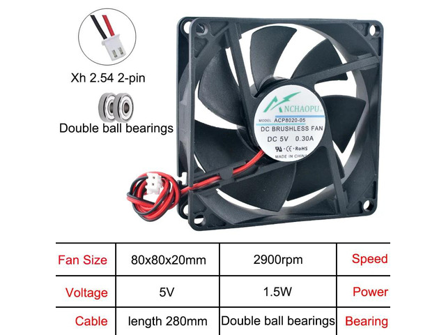ACP8020 80mm fan (80x80x20mm), high-speed cooling fan, DC5V, dual-ball DC 2-pin axial type, suitable for inverter power supplies.