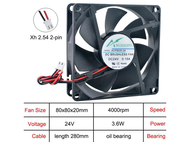 ACP8020 80mm fan (80x80x20mm), high-speed cooling fan, DC24V, oil-bearing, 2-pin axial type, suitable for inverter power supplies.