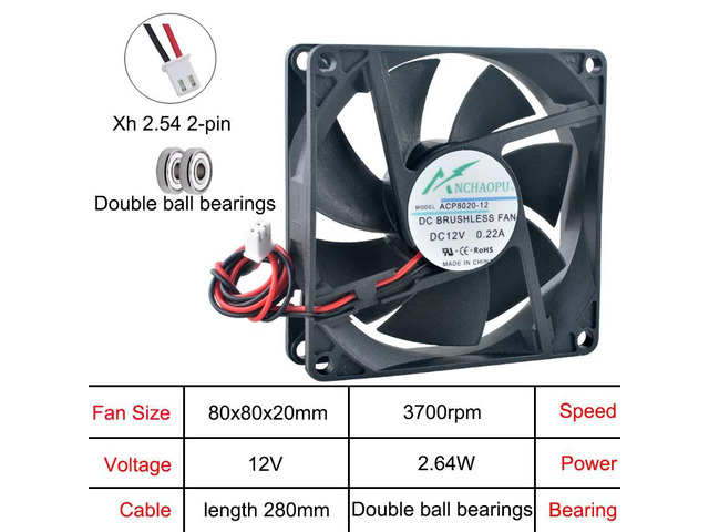 ACP8020 80mm fan (80x80x20mm), high-speed cooling fan, DC12V, dual-ball DC 2-pin axial type, suitable for inverter power supplies.