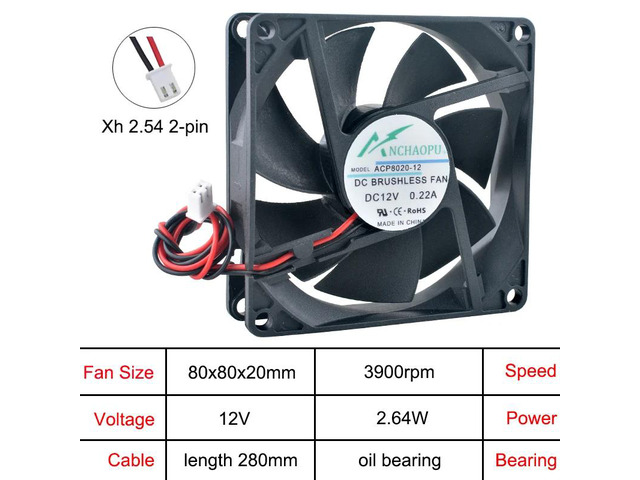 ACP8020 80mm fan (80x80x20mm), high-speed cooling fan, DC 12V, oil-bearing, 2-pin axial type, suitable for inverter power supplies.