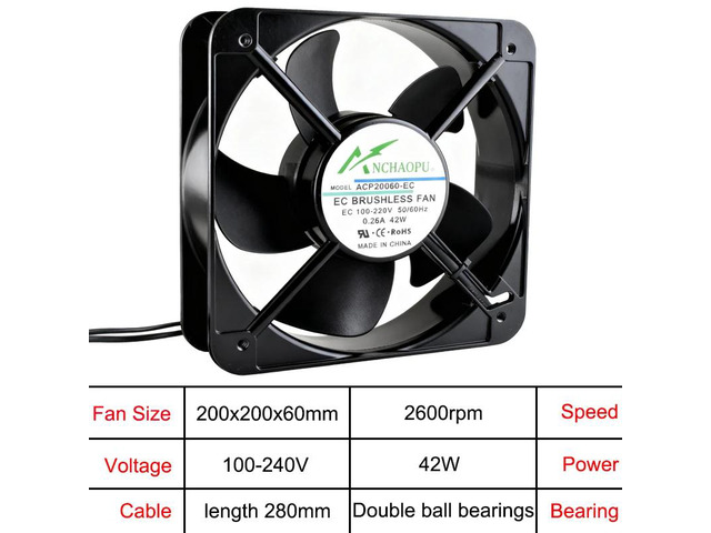 Axial flow cooling fan EC 200x200x60mm for cabinet-type charging piles, 100V/110V/220V/240V EC motor