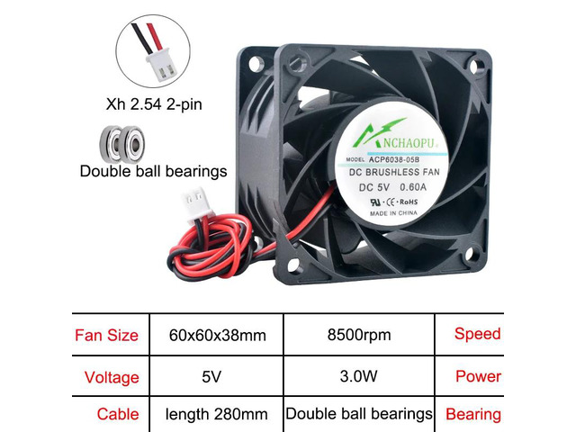 ACP6038 6cm High-Speed Axial Cooling Fan, 2-Pin DC 5V, Suitable for Server Power Supplies, Computer Electronics, 60x60x38mm