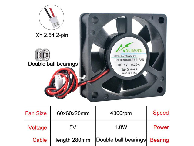 Three 60mm axial cooling fans, ACP6020 2-pin DC5V dual-ball bearing, suitable for inverter power supplies 60x60x20mm.