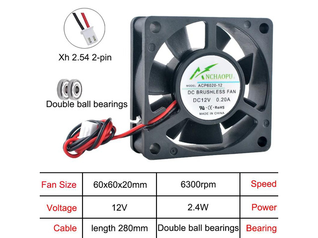 Three 60mm axial cooling fans, ACP6020 2-pin DC12V dual-ball bearing, suitable for inverter power supplies 60x60x20mm.