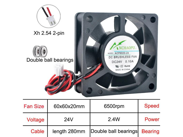 Three 60mm axial cooling fans, ACP6020 2-pin DC24V dual-ball bearing, suitable for inverter power supplies 60x60x20mm.