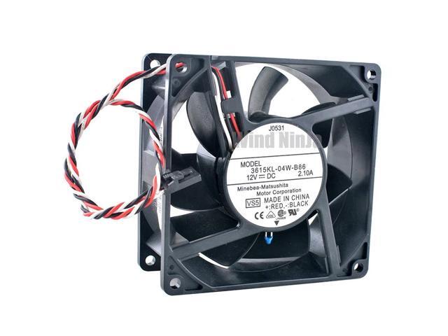 3615KL-04W-B86 9.2 cm (92 mm) fan, dimensions 92x92x38 mm, DC 12V, 2.10A, dual ball bearing high-speed cooling fan, suitable for server chassis.