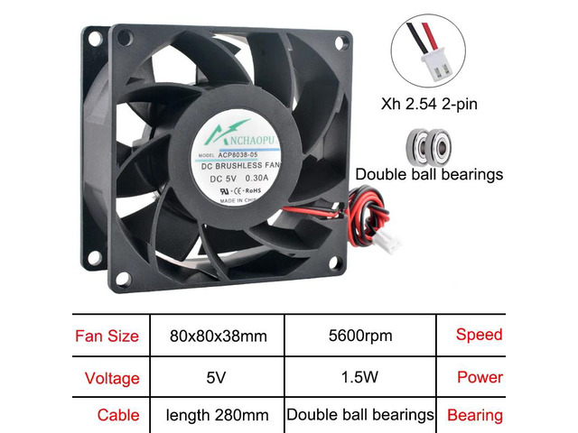 (2) High-speed 80x80x38mm cooling fans, 2-pin multi-voltage DC5V, suitable for server converter power supply ACP8038