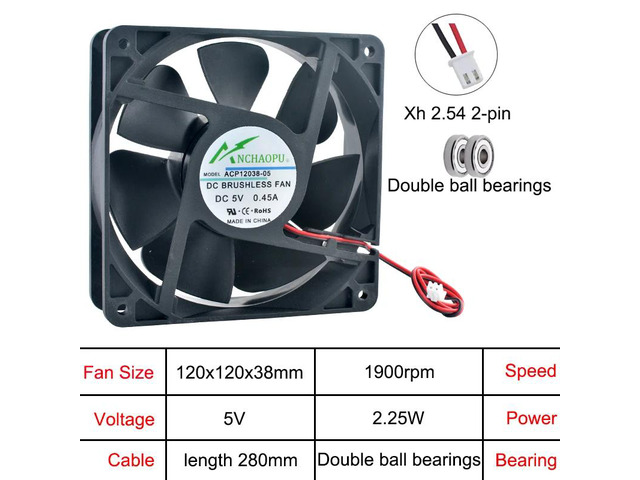 ACP12038 12cm/120mm Axial Fan 120x120x38mm DC5V Dual Ball 2-Pin Chassis Power Supply Inverter Cooling Fan