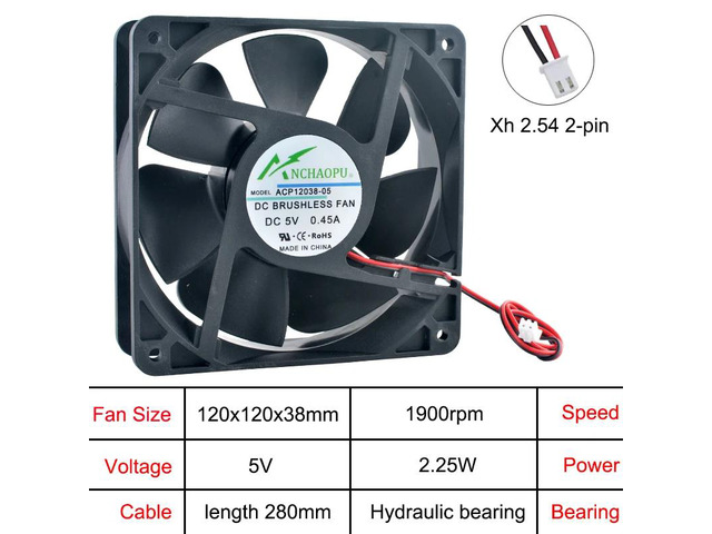 ACP12038 12cm x 120mm Axial Fan 120x120x38mm DC5V Hydraulic 2-Pin Chassis Power Supply Inverter Cooling Fan