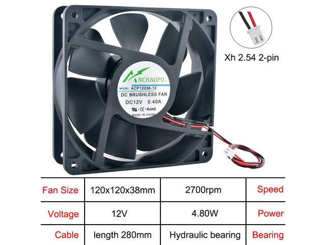 ACP12038 12cm x 120mm Axial Fan 120x120x38mm DC 12V Hydraulic 2-Pin Chassis Power Supply Inverter Cooling Fan