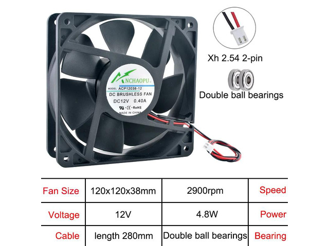 ACP12038 12cm/120mm Axial Fan 120x120x38mm DC12V Dual Ball 2-Pin Chassis Power Supply Inverter Cooling Fan