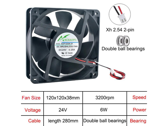 ACP12038 12cm/120mm Axial Fan 120x120x38mm DC24V Dual Ball 2-Pin Chassis Power Supply Inverter Cooling Fan