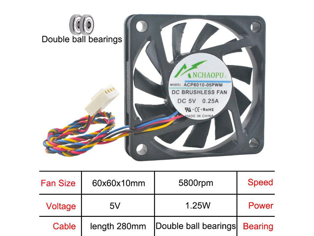 (2 units) Ultra-thin 6cm/60mm cooling fans ACP6010-05PWM ACP6010-12PWM 60x60x10mm DC5V 4-pin 4500/5800rpm for CPU cases