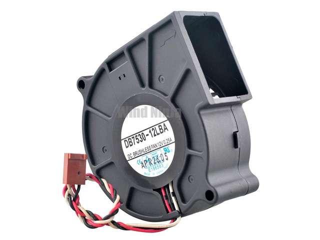 DB7530-12LBA 7.5cm (75mm) blower, dimensions 75x75x30mm, DC 12V, 0.25A, 3-pin, dual ball bearing centrifugal fan, chassis cooling fan.
