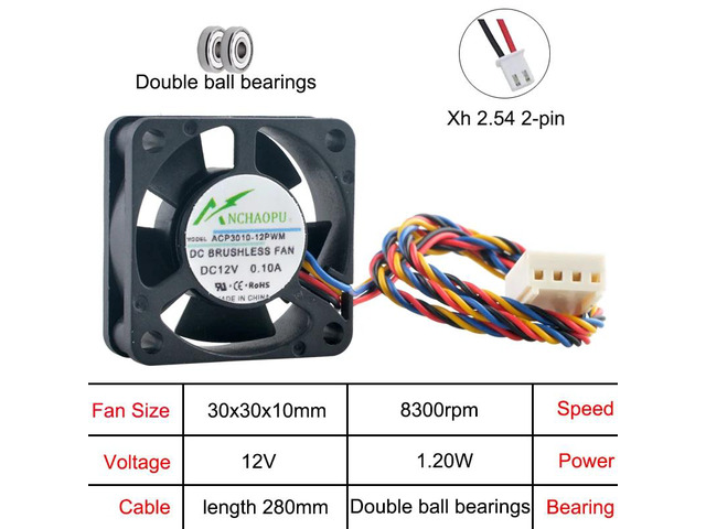 ACP3010-05PWM ACP3010-12PWM 3cm 30mm Fan (30x30x10mm), DC12V, 4-pin, 8300/10000rpm, Dual Ball Bearing Miniature Cooling Fan, Suitable for CPUs