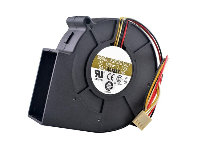 F9733B12LT 9.7 cm (97 mm) blower, dimensions 97 × 94 × 33 mm, DC 12V, 0.72A, 4-pin, centrifugal cooling fan, suitable for oven cleaners.