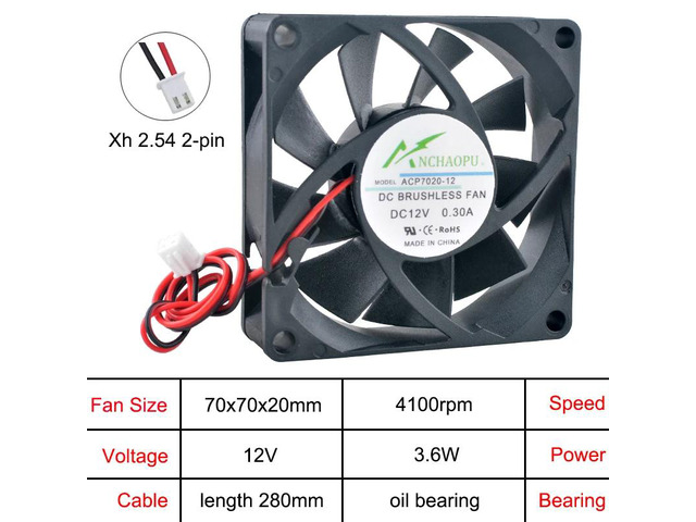 ACP7020 High-Speed 70mm Axial Cooling Fan, DC 12V, Oil-Bearing DC 2-Pin Suitable for chargers, power supplies, inverters, etc.