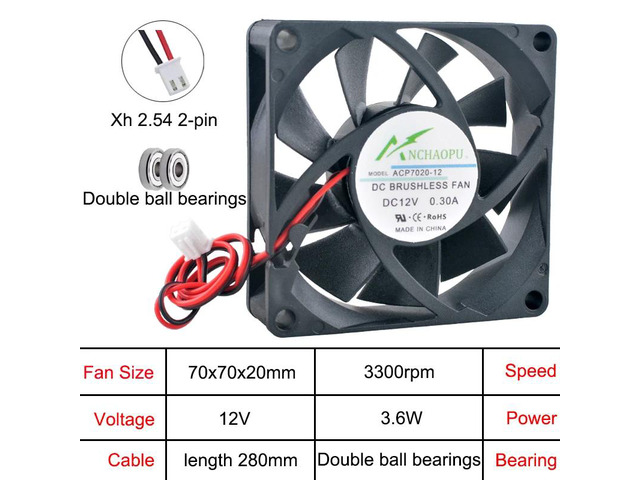 ACP7020 High-Speed 70mm Axial Cooling Fan DC12V Dual-Ball DC 2-Pin Suitable for chargers, power supplies, inverters, etc.