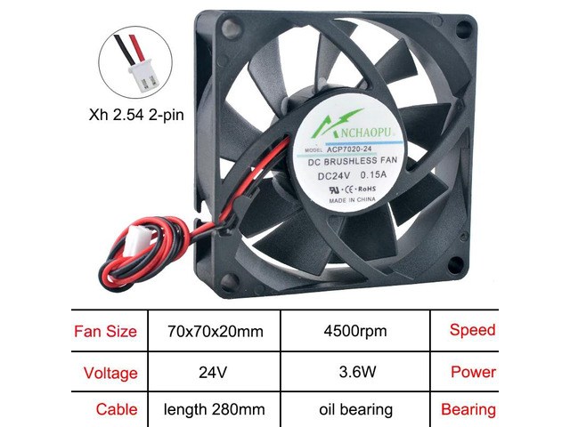 ACP7020 High-Speed 70mm Axial Cooling Fan, DC24V, Oil-Bearing DC 2-Pin Suitable for chargers, power supplies, inverters, etc.