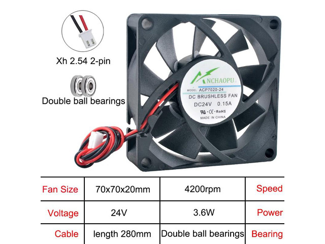 ACP7020 High-Speed 70mm Axial Cooling Fan DC24V Dual-Ball DC 2-Pin Suitable for chargers, power supplies, inverters, etc.