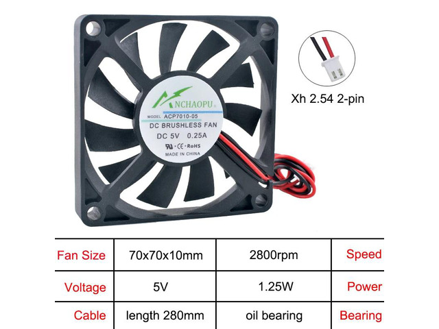 ACP7010 70mm Ultra-thin Cooling Fan, DC5V, Oil-coated Shaft, 2-pin Axial Fan, Suitable for Power Supply Inverters