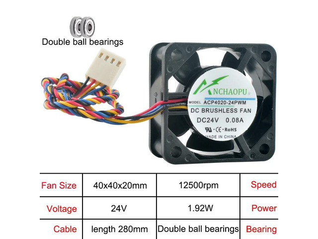 ACP4020-12PWM ACP4020-24PWM 4cm 40mm Fan (40x40x20mm), DC24V, Dual-ball 4-pin High-speed Cooling Fan, suitable for chassis, CPUs, and servers.