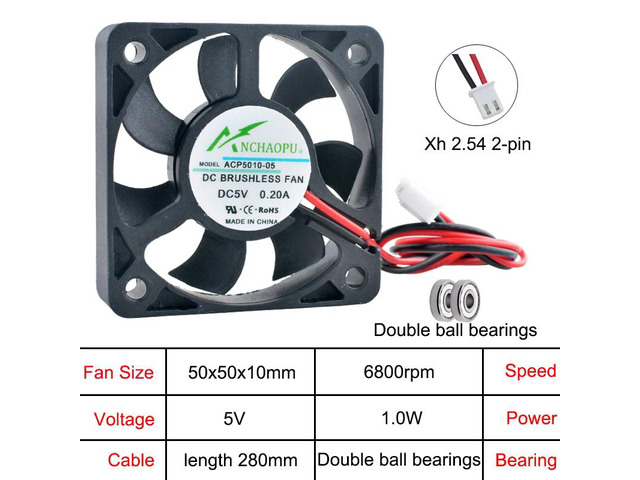 ACP5010 2-pin 50x50x10mm axial fan, multi-voltage DC5V, dual-ball industrial equipment cooling fan.